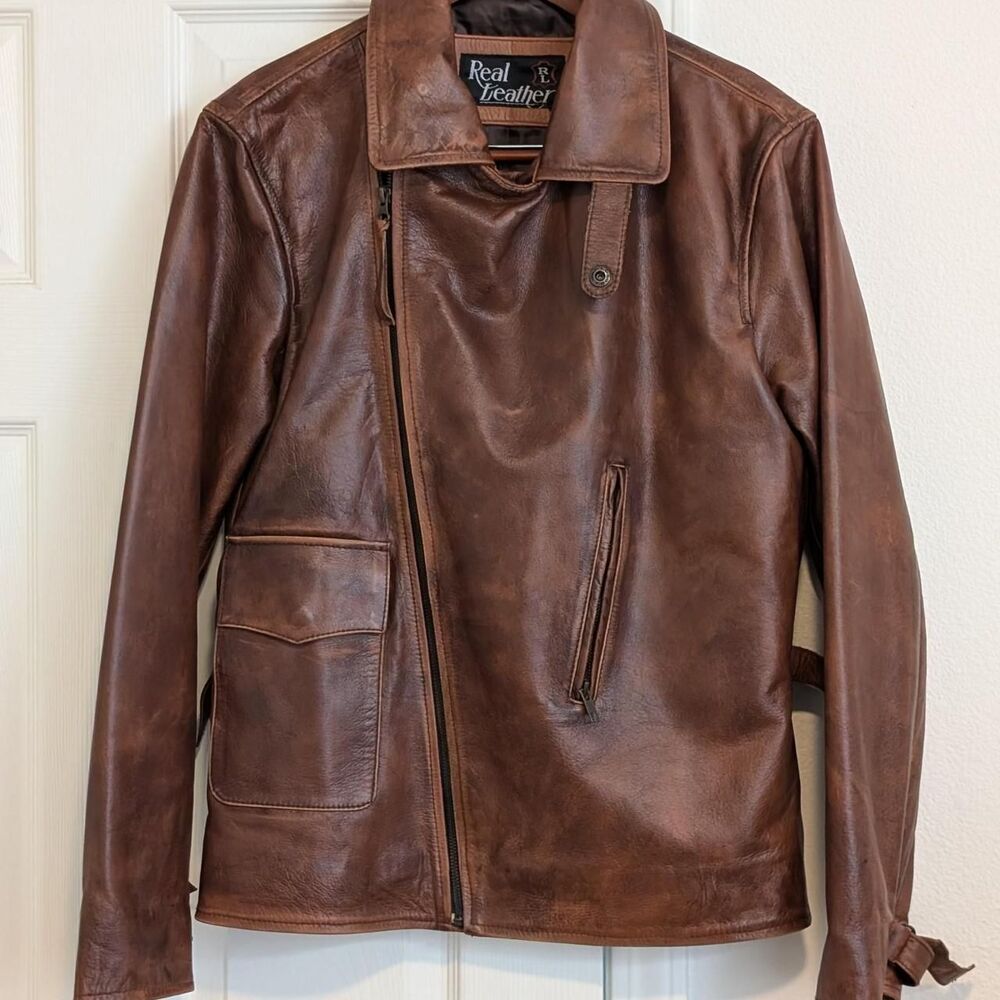 Vintage Waxed Leather Moto Biker Jacket -- Men's S